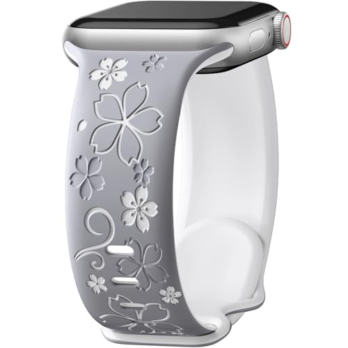 Floral Engraved Band Compatible with Apple Watch Bands for Women 40mm 41mm 42mm 38mm 44mm 45mm 46mm, Soft Silicone Cute TwoTone Flower Sport Strap for iWatch Series 11 10 9 SE 3 8 7 6 5 4 2
