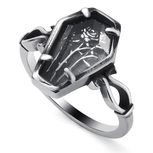 Mens Coffin Rings Stainless Steel Gothic Punk Goth Vampire Rose Flower Coffin Ring Jewelry for Men Women Size 7/8/9/10/11/12/13