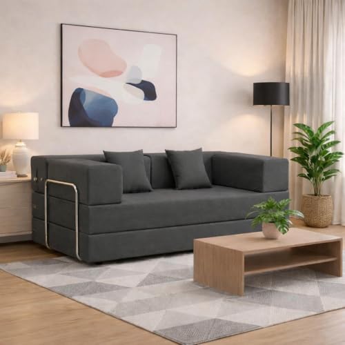 Image of Adorn India Easy Premium Modular 4 Seater Sofa Cum Bed | Velvet Suede Fabric | Colour Dark Grey | Modern Design | Size 6x6 Fit | Comfortable for Seat & Sleep | Washable Cover | Perfect for Home
