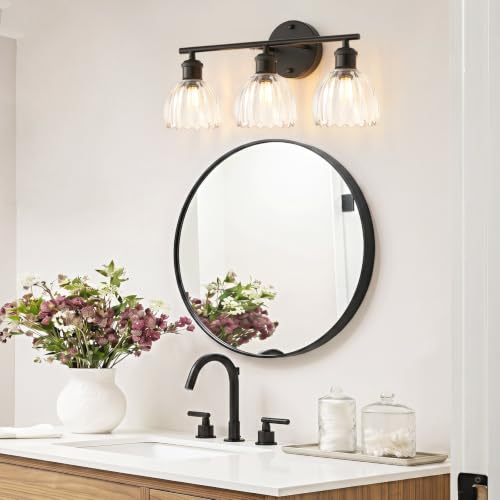 Image of Bathroom Light Fixtures, 3-Light Brushed Black Vanity Lights for Bathroom with Clear Tulip Glass Shade, 20 inch Vintage Bathroom Vanity Lighting Fixtures Over Mirror for Bedroom Living Room Hallway