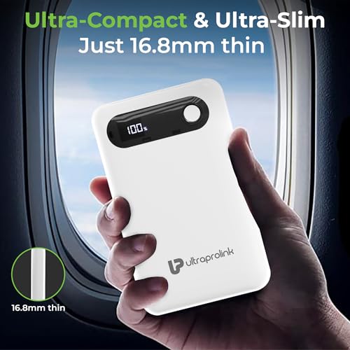 Image of UltraProlink Power Bank 10000mah Fast Charging|16.8mm Slim|22.5W QC-PD-PPS Fast Charging Battery Bank|with USB-C & iPhone Cable|Digital Display|Power Bank for Tablets & Smartphones|White |UM1127