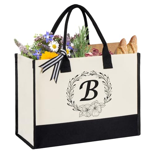 Miokok Sacola de lona com inicial personalizada, bolsa de praia para mulheres, presente de aniversário, presente de casamento para mãe, professoras, amigas, enfermeiras, Preto, branco