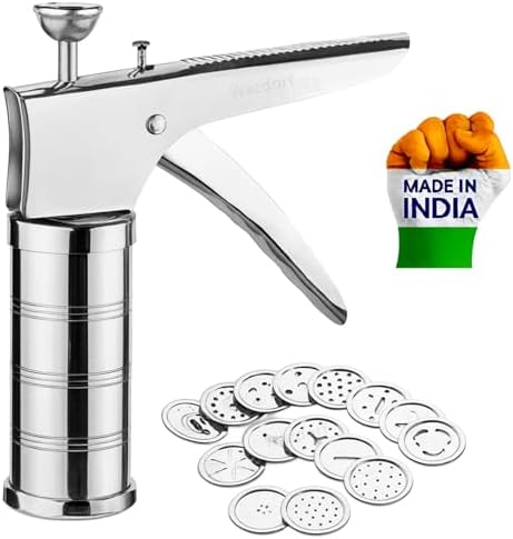 Wazdorf Stainless Steel Kitchen Press with 15 Attachments, Semi-Automatic, Cookie Press, Food Maker, Silver, 25x15x5 cm