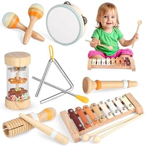 Instrumentos Musicales Infantiles, Juguetes de Madera Instrumentos de Percusión con Xilofono Maracas Pandereta Palo de Lluvia Juegos Montessori Niños Niñas 1 a 5 Años Regalos Bebe Cumpleaños Navidad