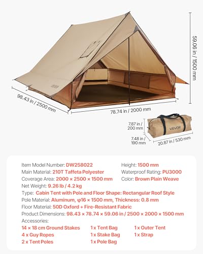 VEVOR Camping Hot Tent, Tienda de campaña caliente para 2 personas, impermeable, con faldón para nieve y poste de aluminio para camping en invierno miniatura 7