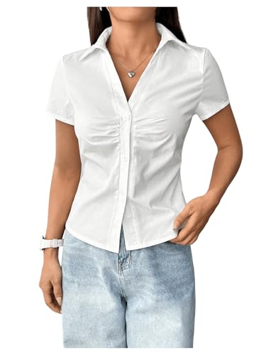 SweatyRocks Women's Ruched Button Up Blouses Collar V Neck Short Sleeve Work Shirts