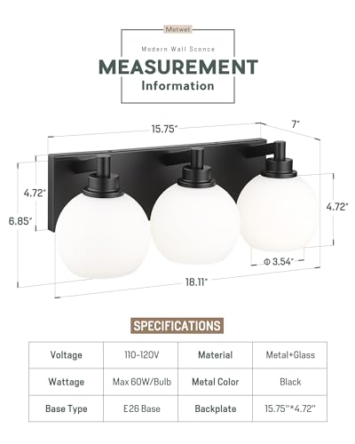 Image of Bathroom Light Fixtures, 3-Light Matte Black Vanity Light, Modern Wall Sconces with Milk White Globe Glass Shade, Vanity Lighting Fixtures Over Mirror, VL195-MB-ML-3