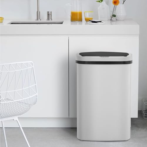 Image of BestOffice | 13 Gallon Plastic Trash Can with Lid | White | Automatic Touchless Garbage Can | Odor Control | Modern Oval Design | Easy to Clean | For Kitchen, Bathroom, Office or Home