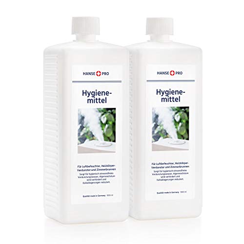 Hansepro Hygienemittel, 2 x 1000 ml - Konservierungs-Mittel für Luftbefeuchter, Luftreiniger, Luftwäscher, Heizkörper-Verdunster, Zimmerbrunnen - hält Verdunstwasser hygienisch einwandfrei