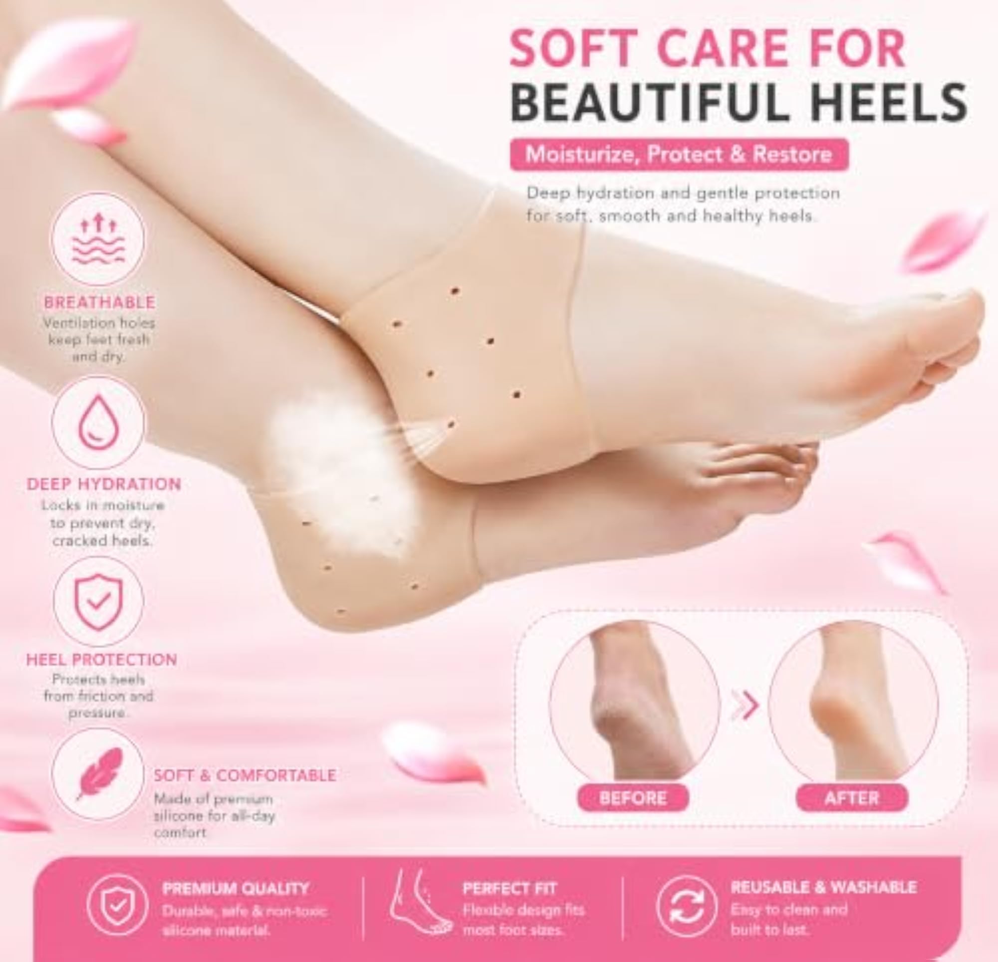 Silicone Gel Heel Pad Socks, Beige, Free Size
