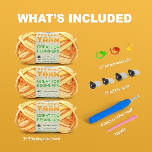 Image of 3 * 50g /1.76oz Yarn for Crocheting and Knitting, 3 * 60yds Beginner Yarn with Easy-to-See Stitches; Worsted-Weight Medium #4;Amigurumi-Friendly Crochet Kit(Sun Flower)