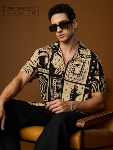 Image of The Souled Store Harry Potter: Magic Men and Boys Short Sleeves Collared Neck Button Front Beige and Black All Over Printed Regular Fit Viscose Holiday Shirts