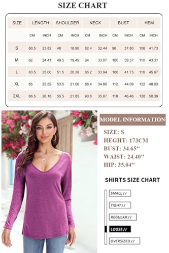 Womens Long Sleeve Shirts Deep V Neck Tunic Oversized Solid Color Casual Loose Tops2