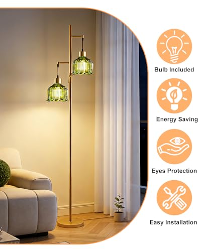 Image of Lightdot 2- Light Gold Flower Floor Lamp, 65IN Green Glass Floor Lamps with 3000K Warm White Bulbs, Modern Standing Tall Lamp with 5Lbs Heavy Base for Living Room Bedroom Home Office Sofa Beside