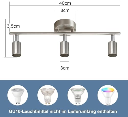 Glitzerlife Spot Light Nickel 3 Way - Ceiling Light GU10 Rotatable Ceiling Spots Adjustable 350° Swiveling Design Spot Light Metal for Living Room Bedroom Kitchen Without Bulbs