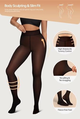 Vertvie 2 Pairs Fleece Lined Tights Women Crotch One Seam Line Warm Sheer Pantyhose Fake Translucent Thermal Thick Leggings4