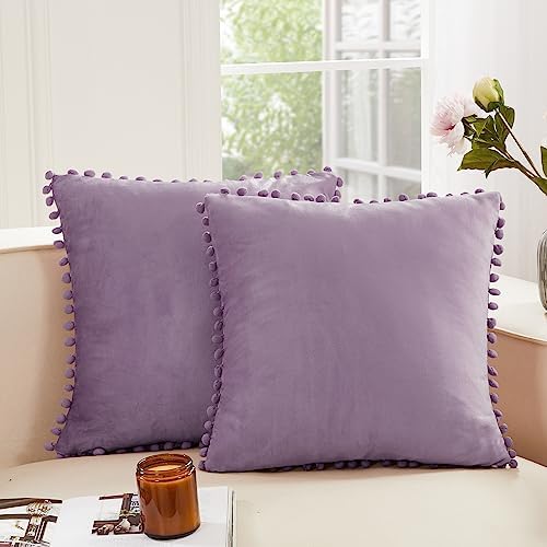 Deconovo Velvet Throw Pillow Covers, Set of 2, 18” x 18” Light Lilac, Decorative Soft Farmhouse Square Pom-poms Case for Sofa Bedroom