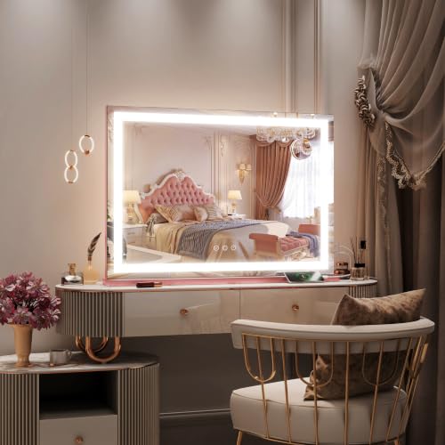 Image of ROLOVE 32 inchx22 inch Large Pink Vanity Mirror with Lights, 10X Magnifier | LED Lighting, 3 Color Modes, Stepless Dimming, Touch Control, Plug-In Power, USB Charging Port, Tabletop or Wall-Mounted Use