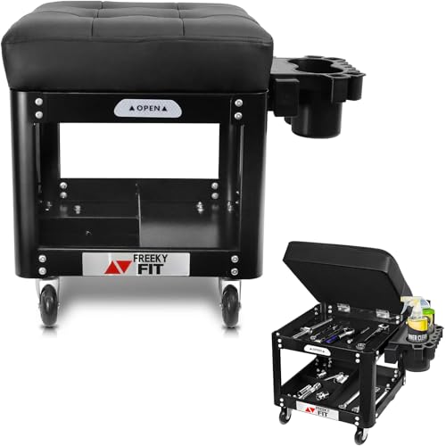 FreekyFit Rolling Creeper Garage Shop Seat for Men, Padded Mechanics Stool with Tool Tray Storage for Garage, Rolling Workshop Stool with Wheels, Auto Creeper Seat, 330 LBS Capacity, Heavy Duty, Black