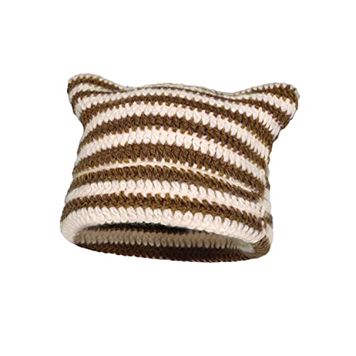 1 Pieza De Gorro con Orejas De Gato, Gorro De Invierno, Gorro Baotou De Punto, Gorro De Punto con Orejas De Gato, Gorro con Orejas De Gato A Rayas Unisex (Café Oscuro)