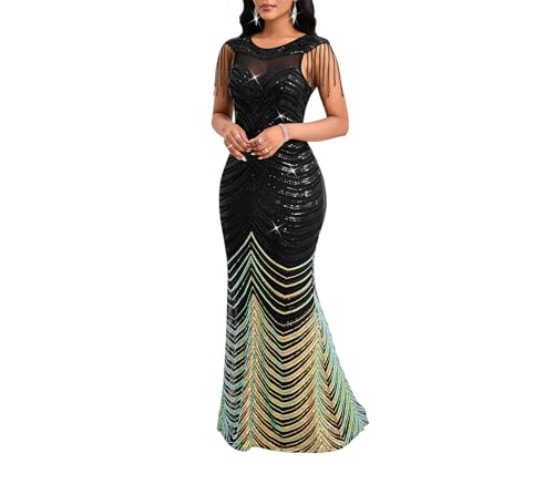 Cololura Women Sexy Sequin Tassel Mesh Perspective Gold Threads Patchwork Bodycon Party Cocktail Evening Gown Dress