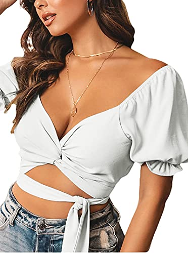 Avanova Women's Sexy Off Shoulder Puff Short Sleeve Ruched Tie