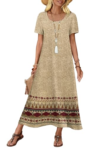 OFEEFAN Womens Maxi Dresses Flowy Casual Long Dress Short Sleeve Summer Beach Vacation Lightweight Sundresse with Pocket