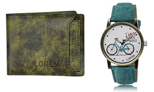 Image of LOREM Green Color Faux Leather Wallet & White Analog Watch Combo for Men & Women | WL27-LR229
