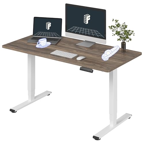 Image of FLEXISPOT E6 3-Stage Dual Motor Electric Standing Desk 55 x 28 Sit Stand Up Desk, Holds 220 lbs, Adjustable Height w /Memory Presets, One-Piece Brown Wood Grain Desktop & White Frame, Ships in 2 Boxes
