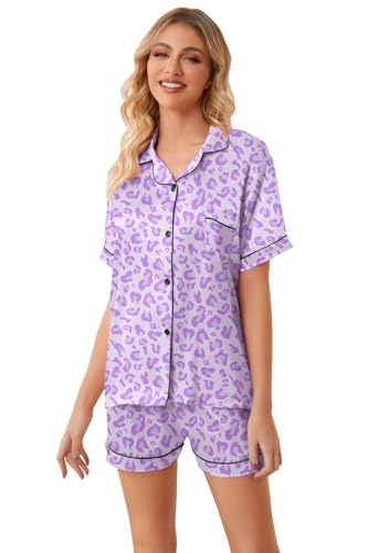 Image of Umeyda Women & Girls Pajamas Set, Soft Satin Lightweight Silk Button-Down Top with Shorts 2 Piece PJS for Mom Boys Kids Gifts