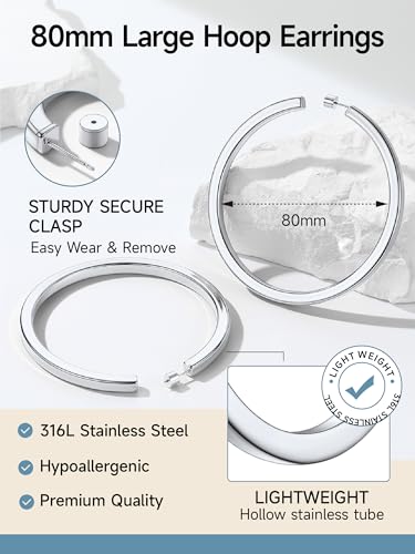 Image of Stainless Steel Chunky Hoop Earrings For Women, Minimalist and Chic, Black /Gold Plated, Round Hoops Earrings Hypoallergenic, Size: 30mm /40mm /60mm /80mm, Come with Box