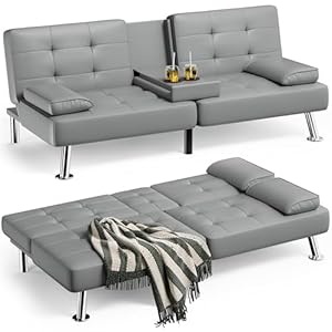 JUMMICO Faux Leather Upholstered Modern Convertible Folding Futon Sofa Bed with Removable Armrests, Adjustable Recliner Couch Bed Loveseat with 2 Cup Holders for Living Room (Gray)