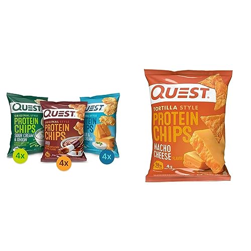 Image of Quest Nutrition Protein Chips Variety Pack (BBQ, Cheddar & Sour Cream, Sour Cream & Onion) and Quest Nacho Cheese Tortilla Style Protein Chips