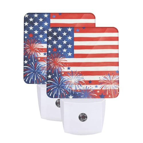 Image of Fireworks Night Light Set of 2, Patriotic USA Auto Sensor LED Dusk-to-Dawn Nightlights, Plug-in Sensor Lamp for Bedroom Bathroom Kitchen Hallway Stairs Decorative