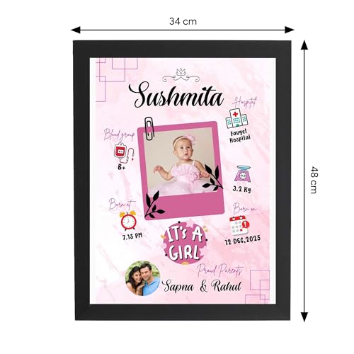 Image of ASHVAH Customized Collage New Born Baby Photo Frame with Photo Upload for Girl with Parents and Birth Details - A3 Size, 13x19 Inch