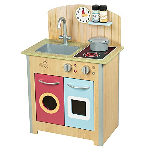 Teamson Kids Cuisine Enfants Little Chef Porto Dinette en Bois Jeux D'Imitation Cuisine De Jeux Interactive avec 4 Accessoires Naturel TD-13595C