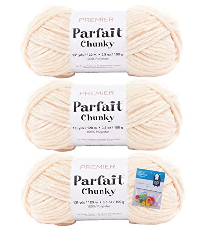 Image of Premier Yarns Parfait Chunky Chenille Yarn 3.5 Oz 6 Super Bulky Weight 3 Pack Bundle with Bella's Stitch Place Holders (Shell)