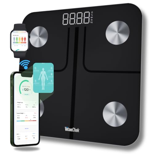 VitaeChek Bilancia Pesapersone Digitale, Bilancia Impedenziometrica in Vetro Temperato, Fino a 180 kg, Bilancia Smart Dotata di 13 Misurazioni (BMI/Grasso corporeo/BMR/Muscoli), 28 cm, Elis 1