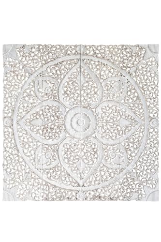 Siam Sawadee Balinese Carved Double Bed Headboard, Wood on Wall Sculpted, Floral Home Decorative Panel, Whitewash Color, 48 inches