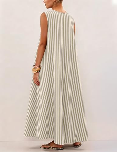 Image of OLAPTA Women Summer Sleeveless Maxi Dress Scoop Neck Ruched Loose Fit Casual Elegant Solid Vacation Long Dress with Pockets