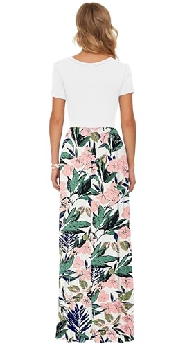 Robe longue imprimé fleurs roses et feuillage vert à manches courtes