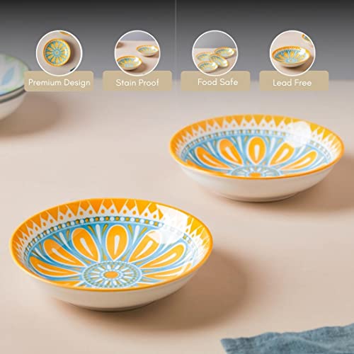 Image of Nestasia Ceramic Round Snack Plate Set of 4 (5.5 Inch Each) - Patterned Dahi Bhalla Plate for Serving Chaat, Halwa, Chakna, & Desserts | Microwave & Dishwasher Safe Small Plate (Blue & Orange)
