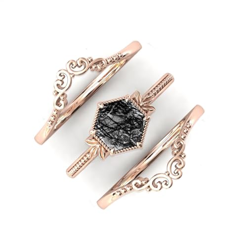 Natural Hexagon Black Rutilated Quartz Engagement Ring Set 925 Sterling Silver Rings for Her with Free Engraving Jewelry Gift for Women Black Rutilated Quartz Vintage Ring Set Size 4-15 -42