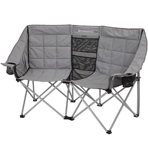 FUNDANGO Double Camping Chair, 2 Person Folding Padded Loveseat for Adults?660lbs Heavy Duty Chair with Arm Cup Holder for Outdoor Patio Lawn Camp with Carry Bag (Grey)