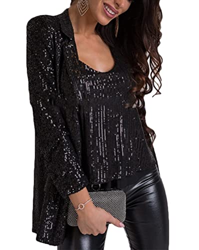 shownicer Damen Glänzend Pailletten Blazer Jacke Cardigan Langarm Bolero Tops Kurz Oberteile Elegante Glitzer Party Outfits Clubwear Schwarz M