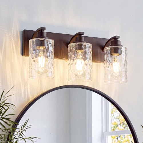 Image of 3-Light Bathroom Light Fixtures Modern ORB Vanity Lights | Easy to Install Clear Hammered Glass Shades, Rippled Glow, Wall Mount Up or Down, E26 Socket, Hardwired, 120V