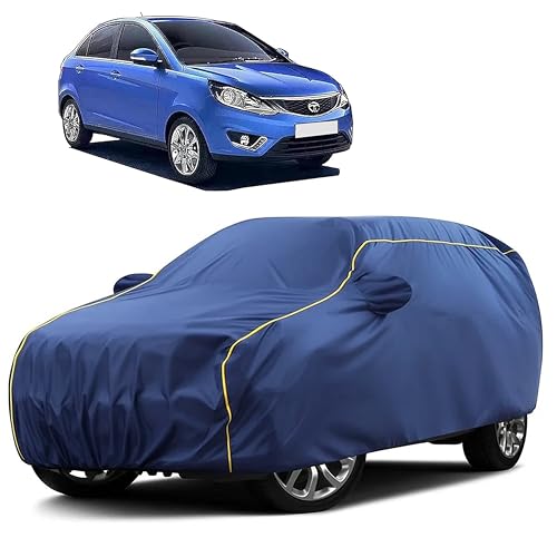 Image of Sulfar 100% Water Resistant Car Body Cover Compatible with Mirror for Tata Zest (Triple Stitched, Full Bottom Elastic, Blue Taffeta with Yellow Piping)