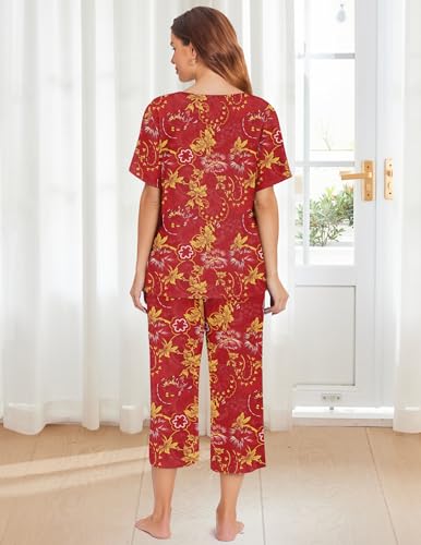 Image of Ekouaer Women's Two Piece Lounge Set Short Sleeve Shirt and Capri Pants Mumu Pajama with Pockets Loungewear Pjs Sets S-2XL