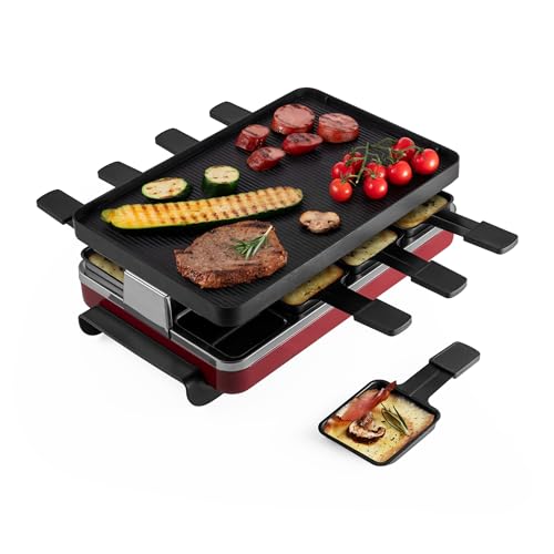 Swissmar Classic 8-Person Raclette Party Grill with Reversible Cast Aluminum Non-Stick Grill Plate/Crepe Top, Indoor Electric Raclette Grill & Griller - Black Grill Plate - Red