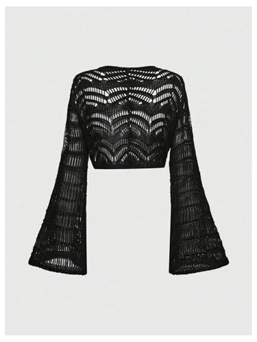 Women's Graphic Crochet Cardigan Sweater Hippie Hollow Out Tie Front Flare Sleeve Knitted Crop Outerwear2